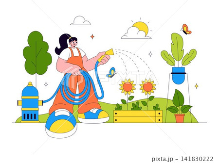 Gardening Vector Illustration Featuring People Planting Trees, Growing Vegetables, Watering Flowers, And Caring For Green Plants Outdoors 141830222