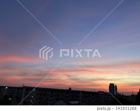ピンク色に染まる夕焼け空 141831268