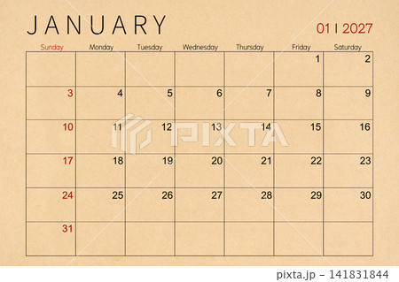 January craft brown paper calendar page for 2027 year. January craft brown paper calendar page for 2027 year. 141831844