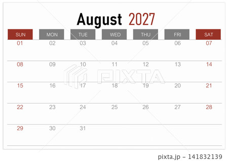 Calendar page for August 2027 year isolated on white background, Save clipping path. 141832139