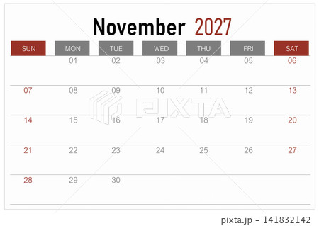 Calendar page for November 2027 year isolated on white background, Save clipping path. 141832142