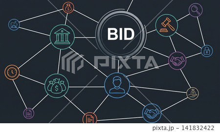 Digital network connectivity representing competitive bidding process with colorful connected icons against dark background backdrop with interconnected circles 141832422