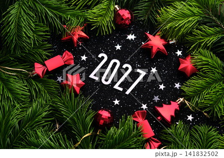New Year 2027 background. Number of the coming year in Christmas decoration. 141832502