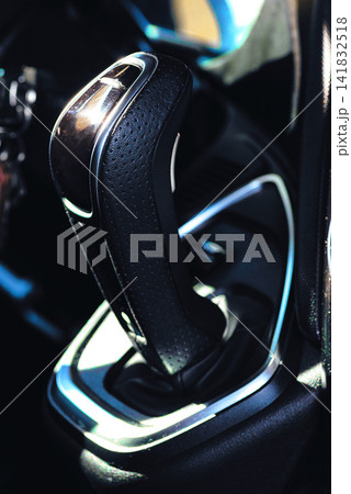 Close up of a modern automatic car gear shift selector console 141832518