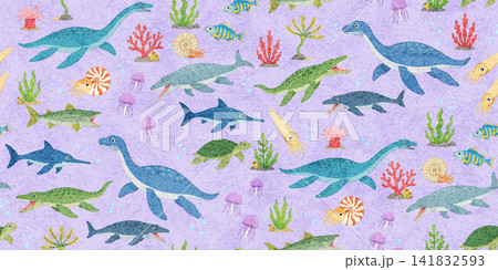 海の生き物と水棲恐竜のかわいい手描きリピート柄・海中イラスト Lavender Mist 海の生き物と水棲恐竜のかわいい手描きリピート柄・海中イラスト Lavender Mist 141832593