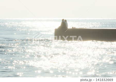 湘南鵠沼海岸  引地川河口の堤防で海を眺める人たち 141832669