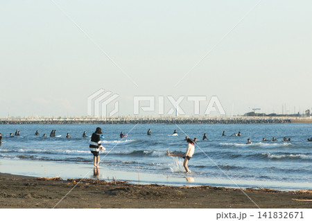 湘南鵠沼海岸 夕方の海で過ごす人々 湘南鵠沼海岸 夕方の海で過ごす人々 141832671
