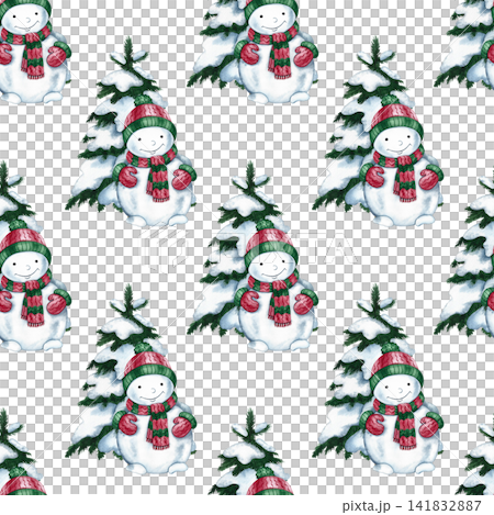 Seamless pattern of cute snowmen and Christmas trees. Hand-drawn watercolor illustration. Perfect for Christmas packaging, seasonal holiday prints, textiles, wallpaper, tablecloths, and more. Seamless pattern of cute snowmen and Christmas trees. Hand-drawn watercolor illustration. Perfect for Christmas packaging, seasonal holiday prints, textiles, wallpaper, tablecloths, and more. 141832887