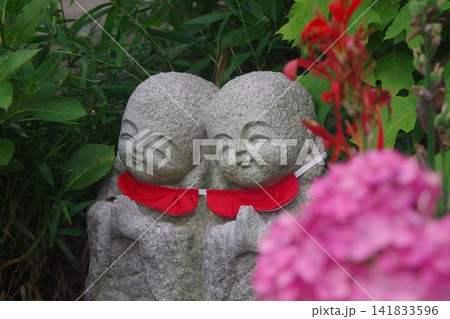 お地蔵さんと赤い紫陽花 お地蔵さんと赤い紫陽花 141833596