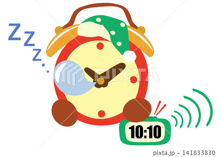 デジタル時計が鳴っても、眠り続ける赤いレトロな目覚まし時計のイラスト デジタル時計が鳴っても、眠り続ける赤いレトロな目覚まし時計のイラスト 141833830