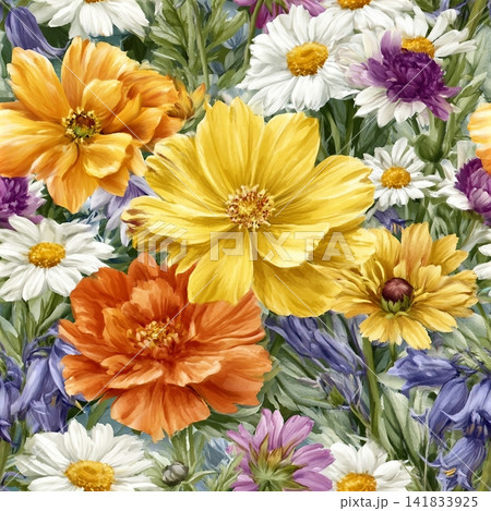 Watercolor seamless floral pattern in vintage style. Yellow and orange cosmos, daisies, bluebells seamless pattern. 141833925