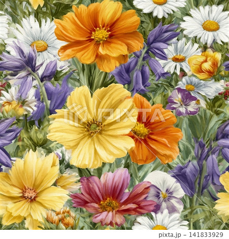 Watercolor seamless floral pattern in vintage style. Yellow and orange cosmos, daisies, bluebells seamless pattern. 141833929