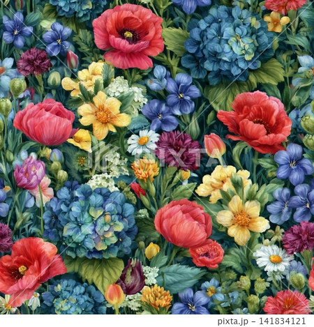 Watercolor, seamless pattern with wild flowers on a dark background. Hydrangeas, daisies, poppies, violets background. Watercolor illustration. Watercolor, seamless pattern with wild flowers on a dark background. Hydrangeas, daisies, poppies, violets background. Watercolor illustration. 141834121