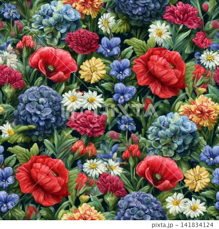 Watercolor, seamless pattern with wild flowers on a dark background. Hydrangeas, daisies, poppies, violets background. Watercolor illustration. Watercolor, seamless pattern with wild flowers on a dark background. Hydrangeas, daisies, poppies, violets background. Watercolor illustration. 141834124