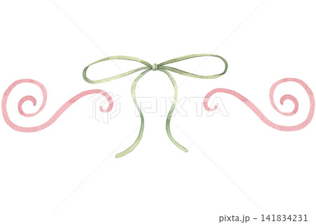 Seamless border, pink scrolls, hearts, doodles, green bows. Hand-painted watercolor illustration isolated on white for stationery, invitation, packaging, decor, wedding designs, textile prints, poster Seamless border, pink scrolls, hearts, doodles, green bows. Hand-painted watercolor illustration isolated on white for stationery, invitation, packaging, decor, wedding designs, textile prints, poster 141834231