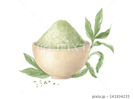 Bowl with matcha green tea powder and fresh green leaves watercolor illustration. Organic food ingredient for healthy drink and culinary recipe. Japanese ceremony element on isolated background Bowl with matcha green tea powder and fresh green leaves watercolor illustration. Organic food ingredient for healthy drink and culinary recipe. Japanese ceremony element on isolated background 141834235