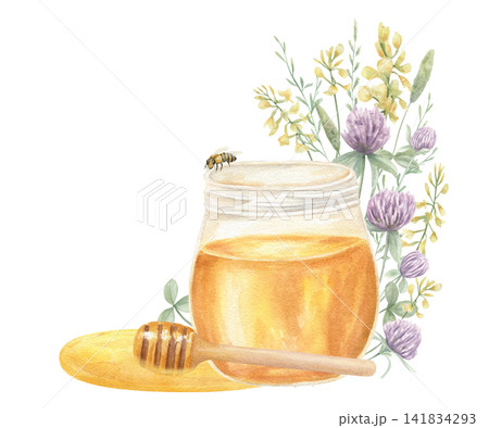 Watercolor glass jar with golden honey, wooden dipper and wildflower bouquet with clover and yellow blossom. Natural sweetener, beekeeping and floral concept for organic food product packaging Watercolor glass jar with golden honey, wooden dipper and wildflower bouquet with clover and yellow blossom. Natural sweetener, beekeeping and floral concept for organic food product packaging 141834293
