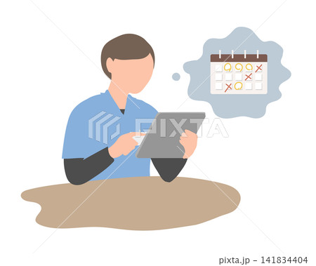 タブレットで予定を確認する介護スタッフのイラスト 141834404
