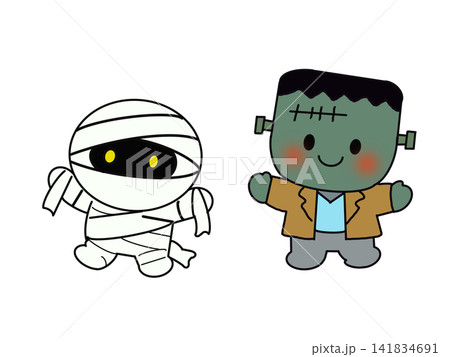 かわいいフランケンシュタインとミイラ男のハロウィンイラスト かわいいフランケンシュタインとミイラ男のハロウィンイラスト 141834691