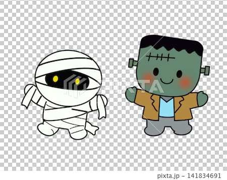 かわいいフランケンシュタインとミイラ男のハロウィンイラスト かわいいフランケンシュタインとミイラ男のハロウィンイラスト 141834691