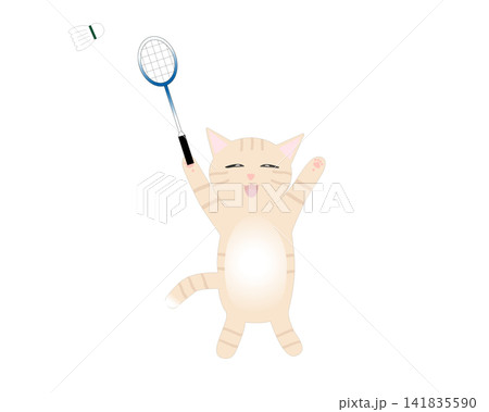 バドミントンを楽しむ茶トラ猫のキャラクターイラスト 141835590