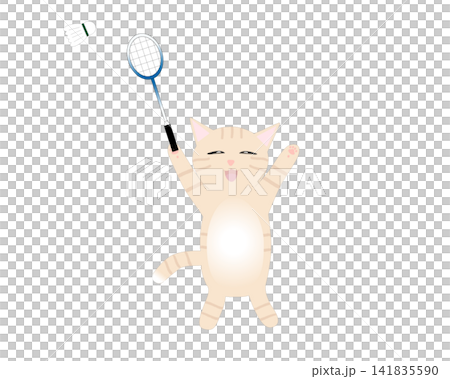 バドミントンを楽しむ茶トラ猫のキャラクターイラスト 141835590