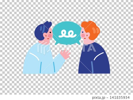 An illustration of a Japanese man talking to a white man. An illustration of a Japanese man talking to a white man. 141835934