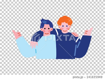 An illustration of a white man and a Japanese man with their arms around each other's shoulders. An illustration of a white man and a Japanese man with their arms around each other's shoulders. 141835949