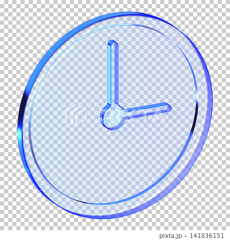 Blue glass clock icon in glassmorphism style for time management, sleek watch symbol designed for schedule planning, alarm, and history log 141836151