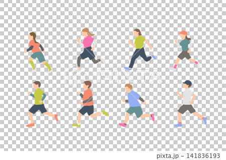 一組描繪小學生跑步和兒童運動的插圖。 141836193
