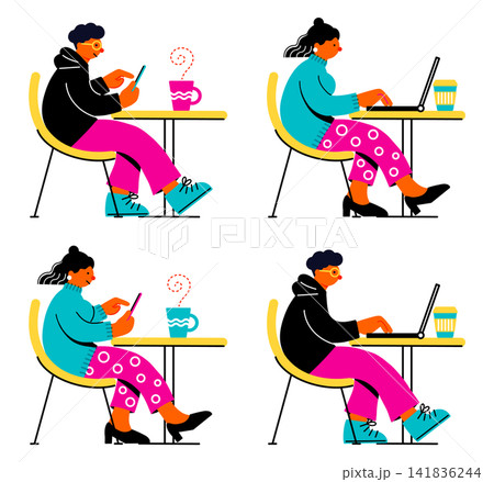 カフェでパソコンやスマホを使う人々・人物セット 141836244