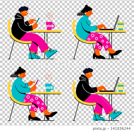 カフェでパソコンやスマホを使う人々・人物セット 141836244