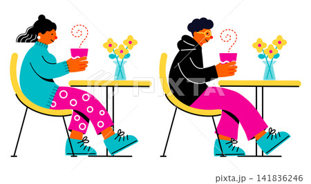 カフェでホットドリンクを飲む若い男性と女性のポップでカラフルなイラストセット カフェでホットドリンクを飲む若い男性と女性のポップでカラフルなイラストセット 141836246