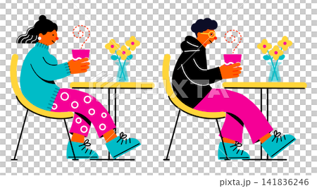 カフェでホットドリンクを飲む若い男性と女性のポップでカラフルなイラストセット カフェでホットドリンクを飲む若い男性と女性のポップでカラフルなイラストセット 141836246