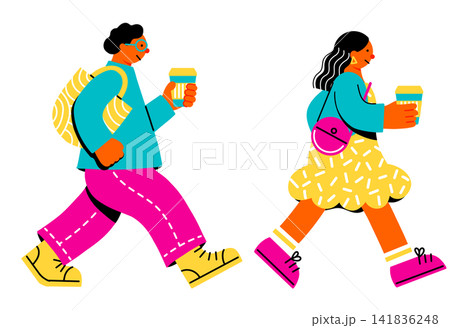 コーヒーを持って歩く若い男性と女性のポップでカラフルなイラストセット コーヒーを持って歩く若い男性と女性のポップでカラフルなイラストセット 141836248