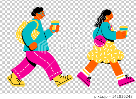 コーヒーを持って歩く若い男性と女性のポップでカラフルなイラストセット コーヒーを持って歩く若い男性と女性のポップでカラフルなイラストセット 141836248
