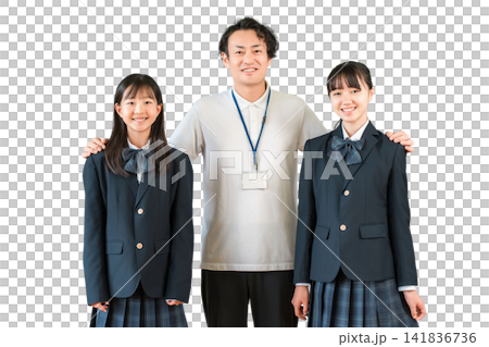 A male teacher and female elementary, middle, and high school students 141836736