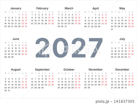 Minimal Calendar 2027 Year Planner Horizontal Vector Isolated on Transparent Background. Monday start Minimal Calendar 2027 Year Planner Horizontal Vector Isolated on Transparent Background. Monday start 141837305