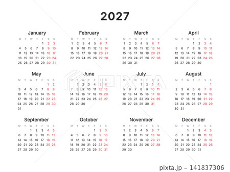 Simple 2027 annual calendar template. Monday start. Horizontal vector isolated on transparent background Simple 2027 annual calendar template. Monday start. Horizontal vector isolated on transparent background 141837306