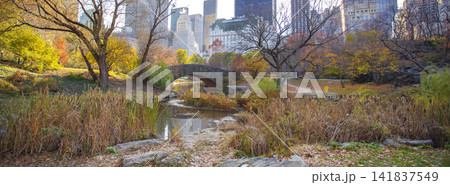 Autumn Gapstow Bridge with Manhattan skyscrapers skyline in Central Park, wide New York City panorama with copy space 141837549