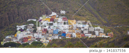 Colorful houses of San Andres village on a mountain slope in Tenerife, Canary islands architecture with copy space 141837556