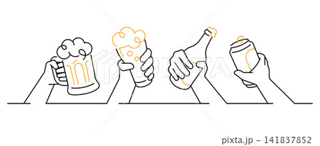 beer toasting cheerful hand holding thin line illustration beer toasting cheerful hand holding thin line illustration 141837852