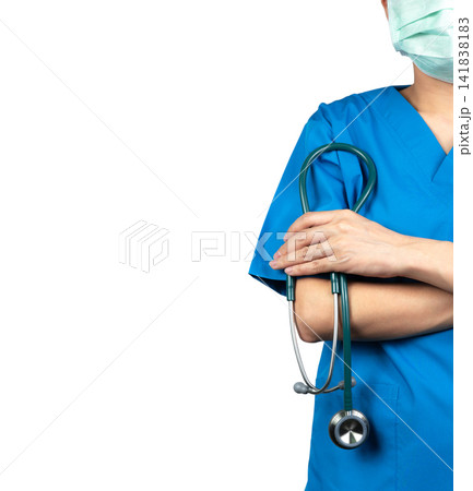 Healthcare professional in blue medical scrubs holding stethoscope on white background. Hospital staff, patient care, clinical medicine, healthcare services and medical expertise. Patient safety. Healthcare professional in blue medical scrubs holding stethoscope on white background. Hospital staff, patient care, clinical medicine, healthcare services and medical expertise. Patient safety. 141838183