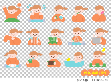 一組描繪小女孩日常生活的插圖。 141838230