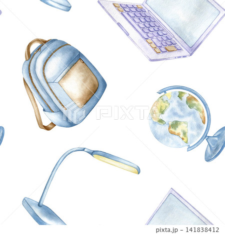 Watercolor seamless pattern with illustration school and study supplies. Hand drawn background featuring a backpack, laptop, globe, and desk lamp on white for education design and textiles. 141838412