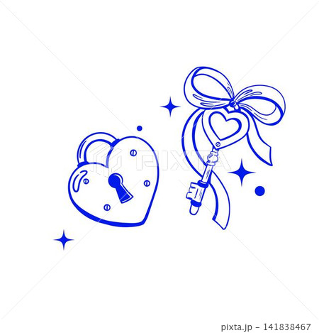 Heart lock and decorative key illustration in romantic line art style. Modern line art design ideal for Valentine Day, weddings, anniversaries, love-themed invitations Heart lock and decorative key illustration in romantic line art style. Modern line art design ideal for Valentine Day, weddings, anniversaries, love-themed invitations 141838467