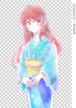 Woman in a yukata, hair down, knee shot. 141838510
