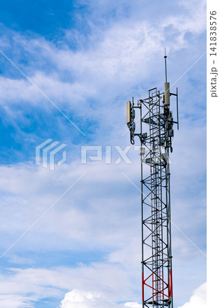 Telecommunication tower with clear blue sky background. Antenna on blue sky. Radio and satellite pole. Communication technology. Telecommunication industry. Mobile or telecom 4g network. Technology 141838576