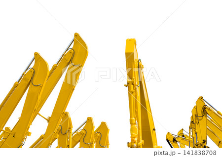 Yellow backhoe with hydraulic piston arm isolated on white. Heavy machine for excavation in construction site. Hydraulic machinery. Huge bulldozer. Heavy machine industry. Mechanical engineering. Yellow backhoe with hydraulic piston arm isolated on white. Heavy machine for excavation in construction site. Hydraulic machinery. Huge bulldozer. Heavy machine industry. Mechanical engineering. 141838708