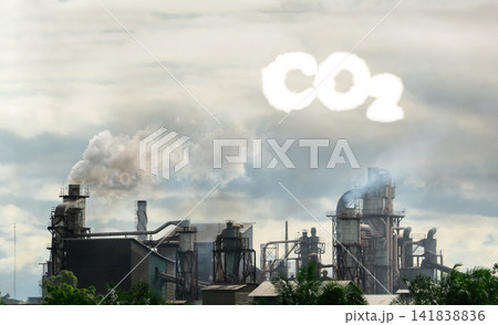 CO2 emissions. CO2 greenhouse gas emissions from factory chimneys. Carbon dioxide gas global air climate pollution. Carbon dioxide in earths atmosphere. Greenhouse gas. Smoke emissions from chimneys. 141838836